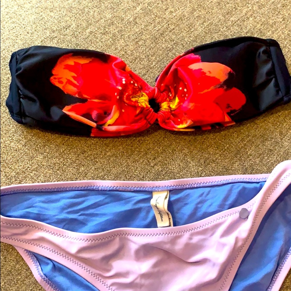 Navy bandeau swim top, floral design